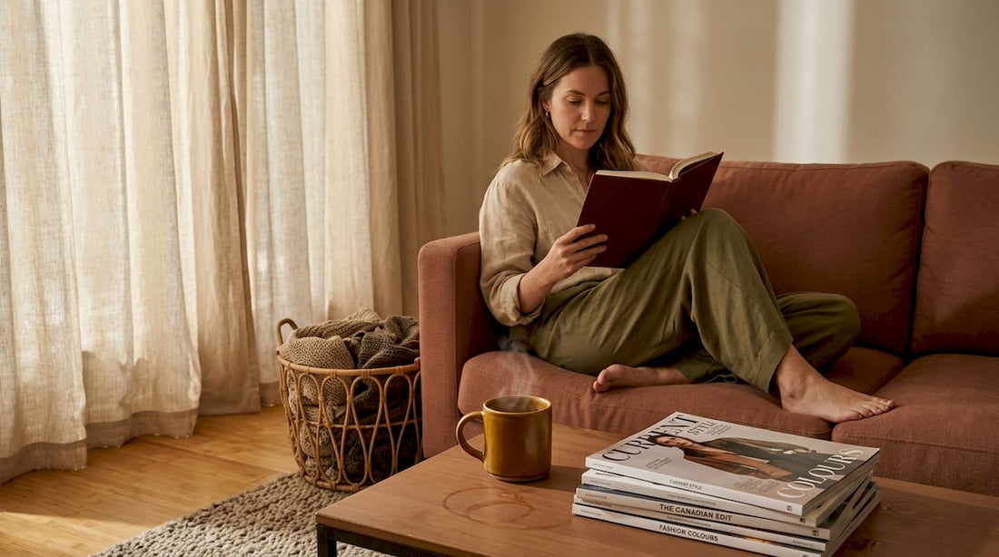 Woman relaxing in living room with natural fabrics