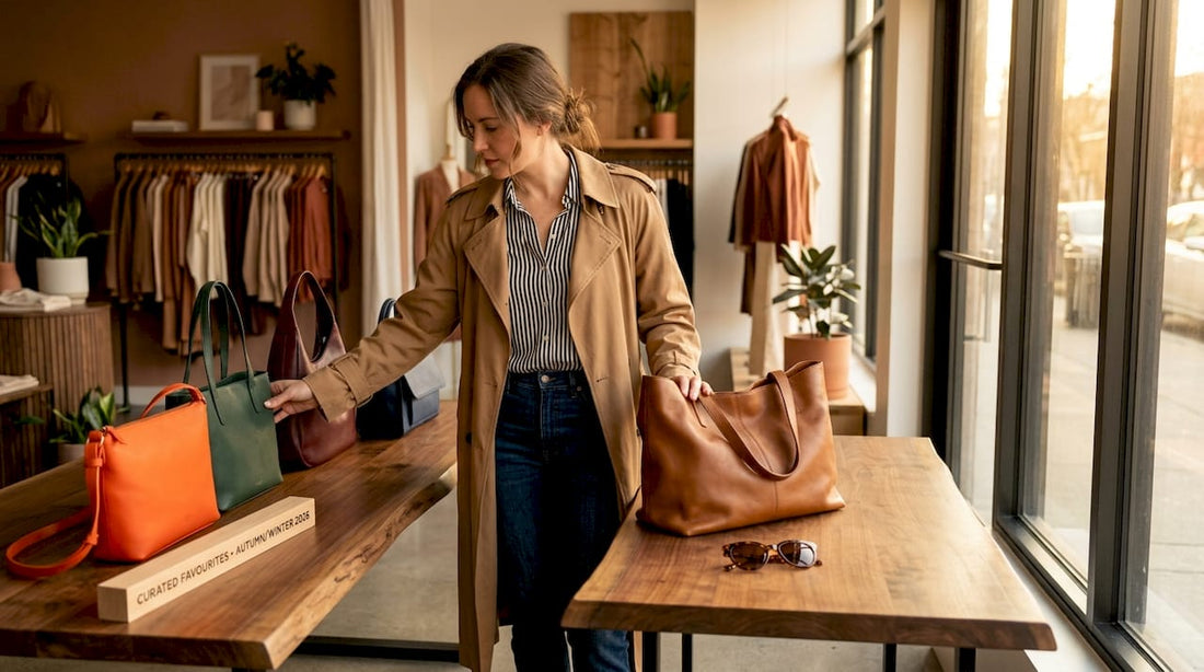 Woman shopping top four handbags display