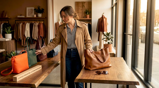 Woman shopping top four handbags display