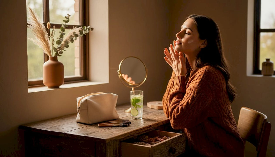 Woman doing daily skincare at home vanity