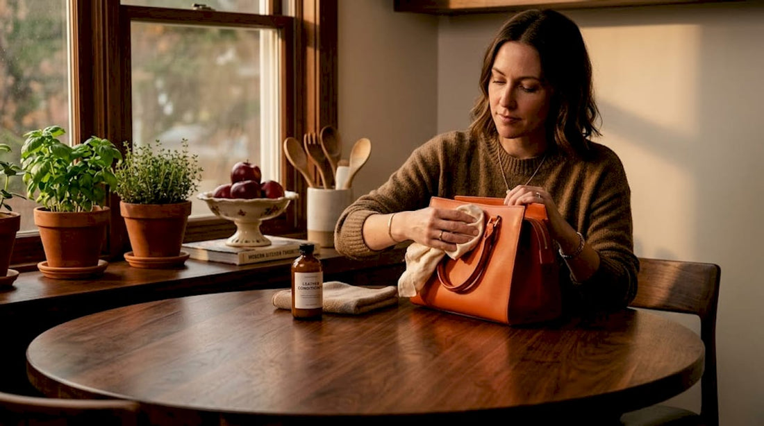 Woman cleaning leather handbag at home table
