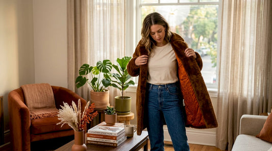 Woman adjusting faux fur coat in studio setting
