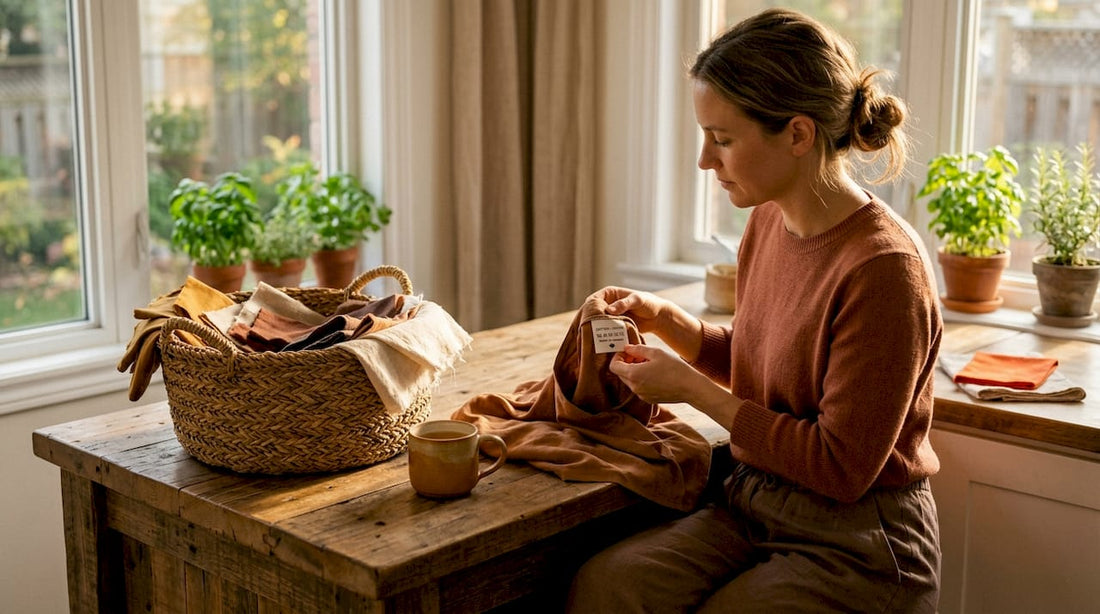 Woman examines organic cotton blouse at kitchen table