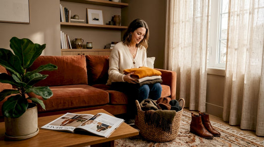Woman organizes fall wardrobe on living room sofa