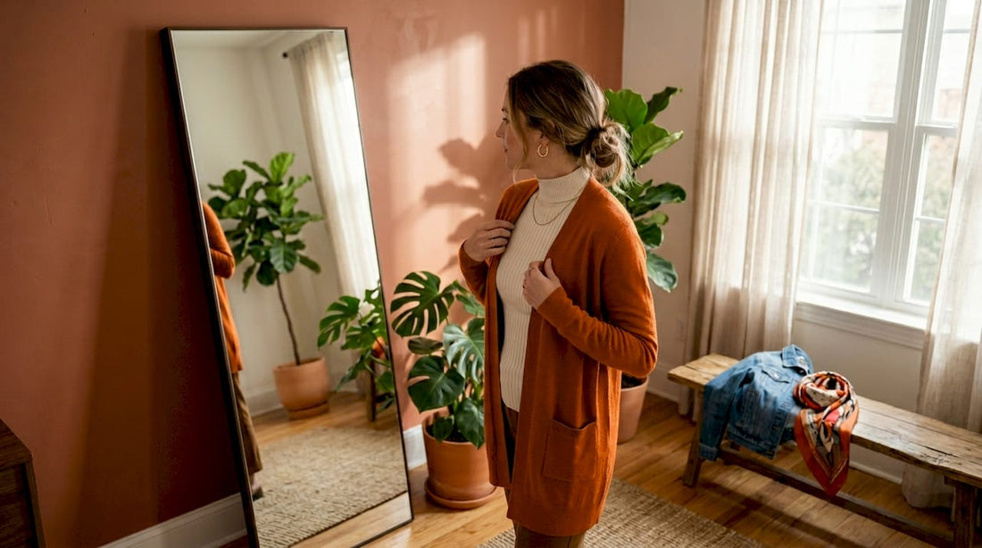 Woman layering clothes indoors near window