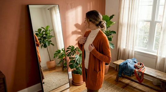Woman layering clothes indoors near window