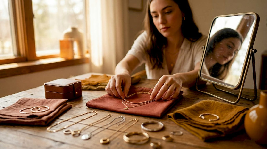 Woman arranging layered jewelry on white table