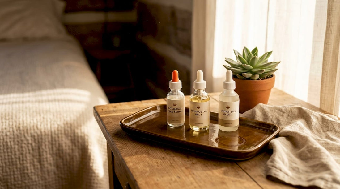 Soft natural beauty products on vanity