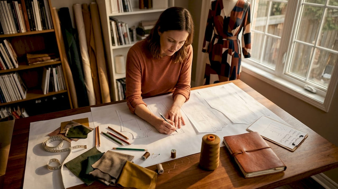 Fashion designer drafting pattern pieces at table