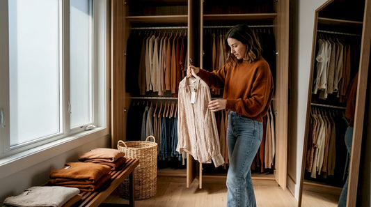 Woman organising wardrobe with natural light