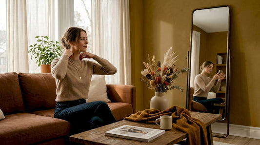 Woman adjusting layered gold and silver necklaces indoors