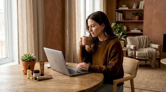 Woman shopping beauty products online at home