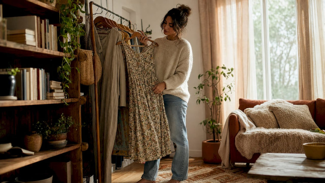 Woman choosing seasonal dress in closet