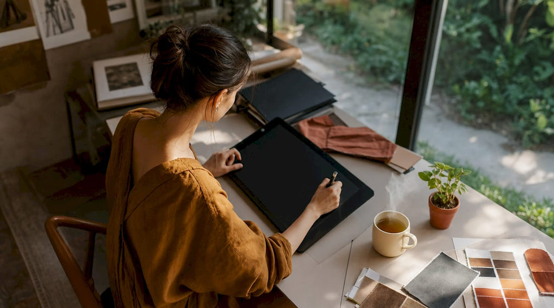Designer creating digital fashion garment on tablet