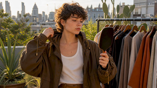 Non-binary person trying on genderless fashion jacket