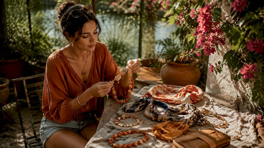 Woman sorting fashion accessories at home