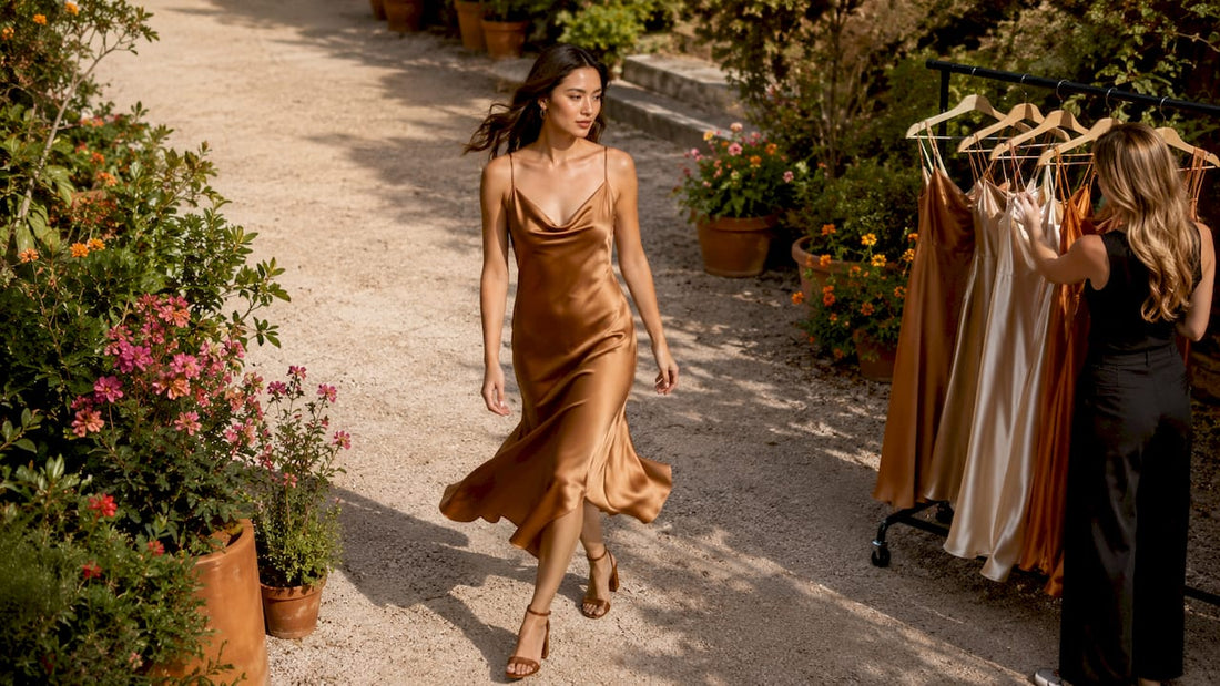Model walking runway in silk slip dress