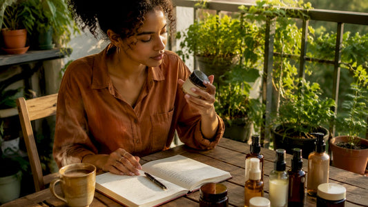 Woman reading skincare product ingredients
