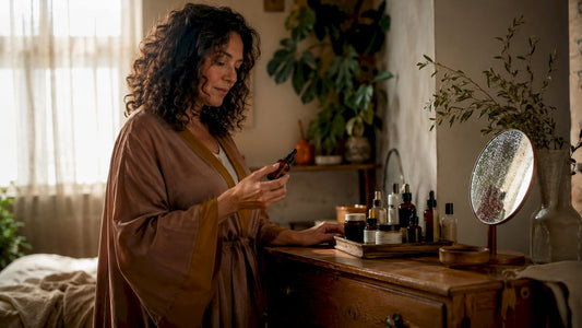 Woman choosing beauty products on bathroom counter