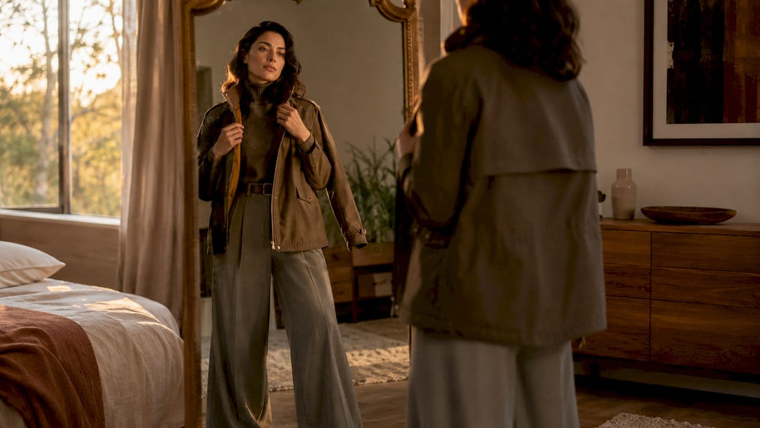 Woman styling versatile convertible jacket in dressing room