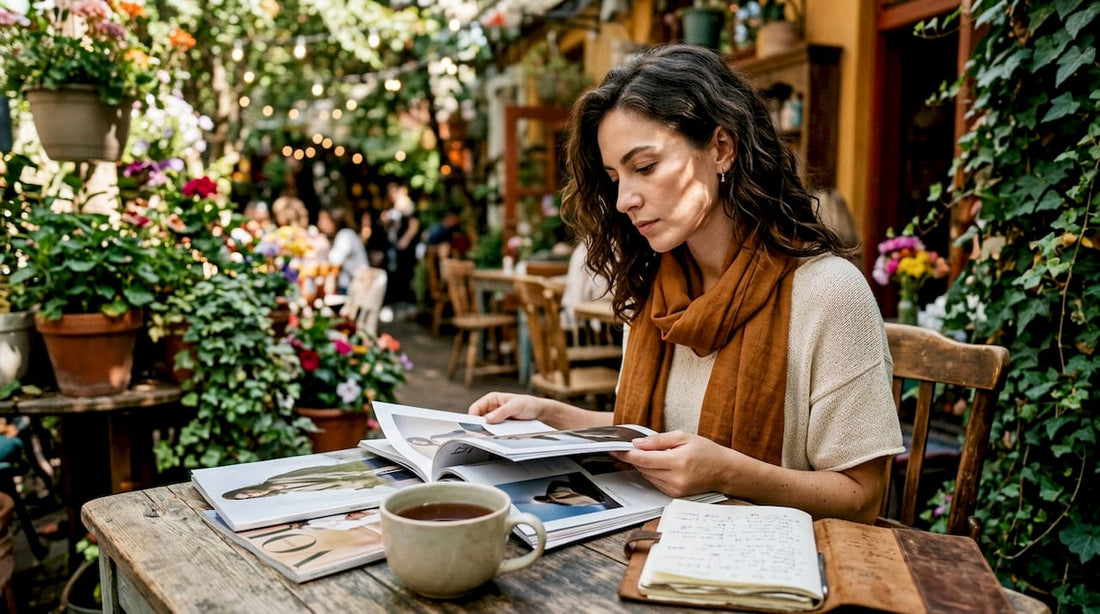 Woman researching fashion trends at home