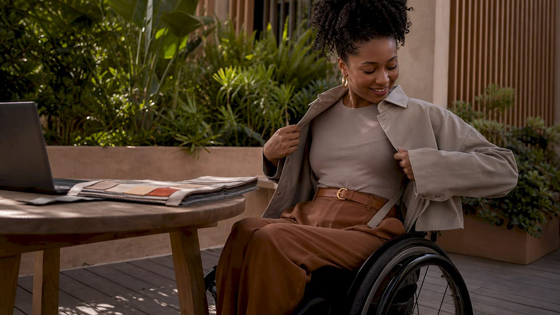 Woman wearing adaptive jacket indoors