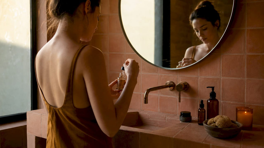 Woman applying moisturizer at vanity table