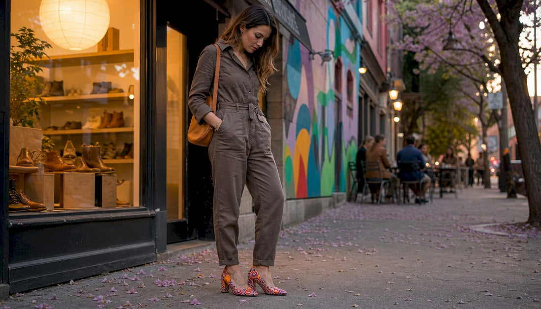 Woman showing bold statement shoes on city sidewalk
