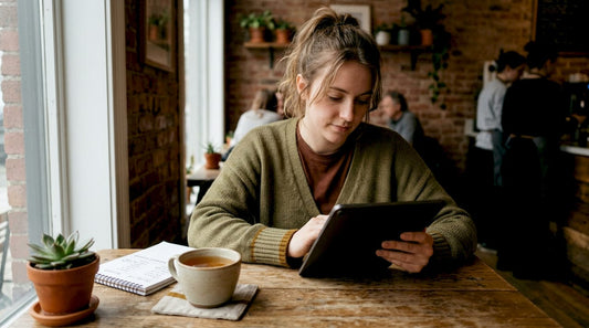 Woman browsing fashion on tablet at home