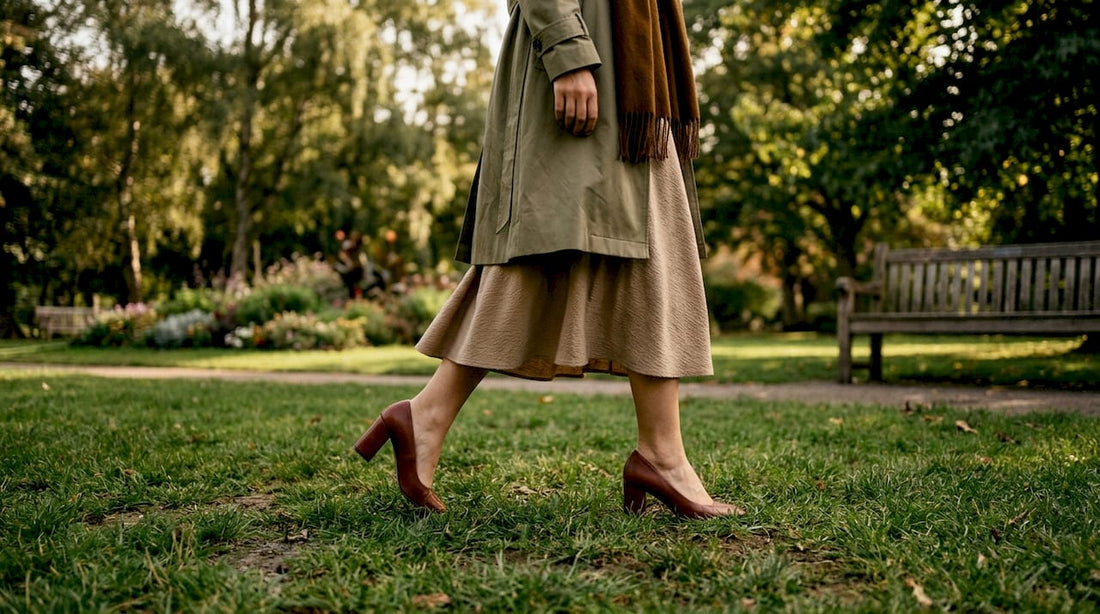 Woman walking in block heels on city sidewalk