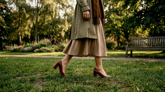 Woman walking in block heels on city sidewalk