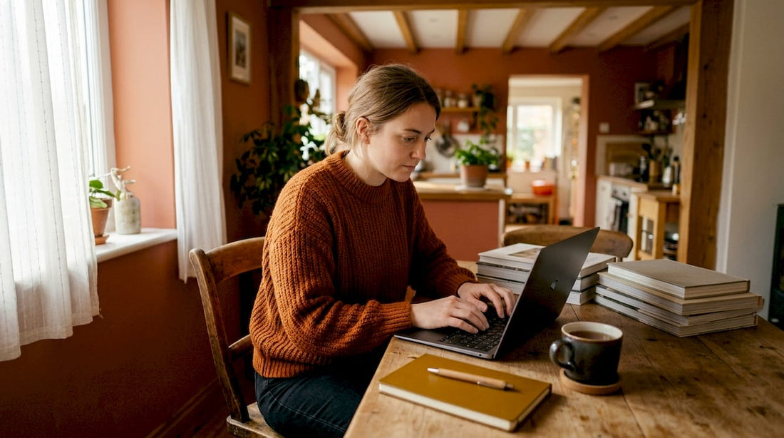 Woman browsing fashion websites at home