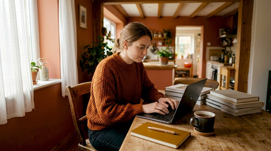 Woman browsing fashion websites at home