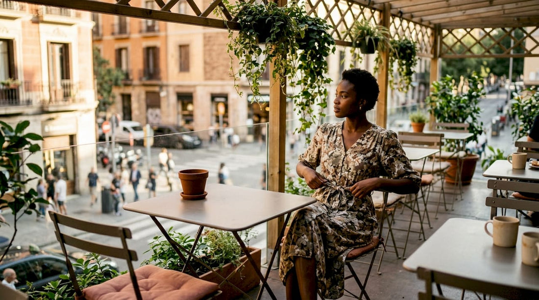 Woman wearing floral midi dress in rooftop garden