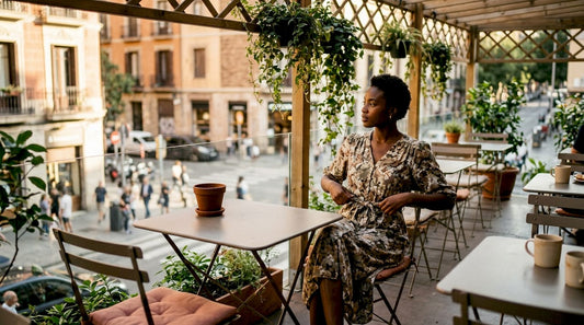 Woman wearing floral midi dress in rooftop garden