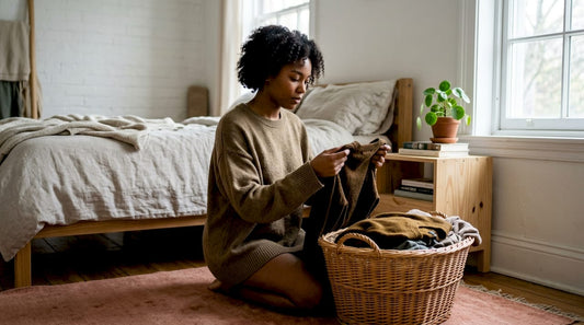 Woman unpacking pre-loved fashion at home
