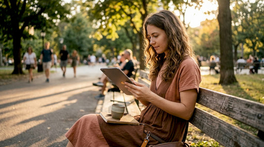 Woman browsing shopping trends on tablet at home