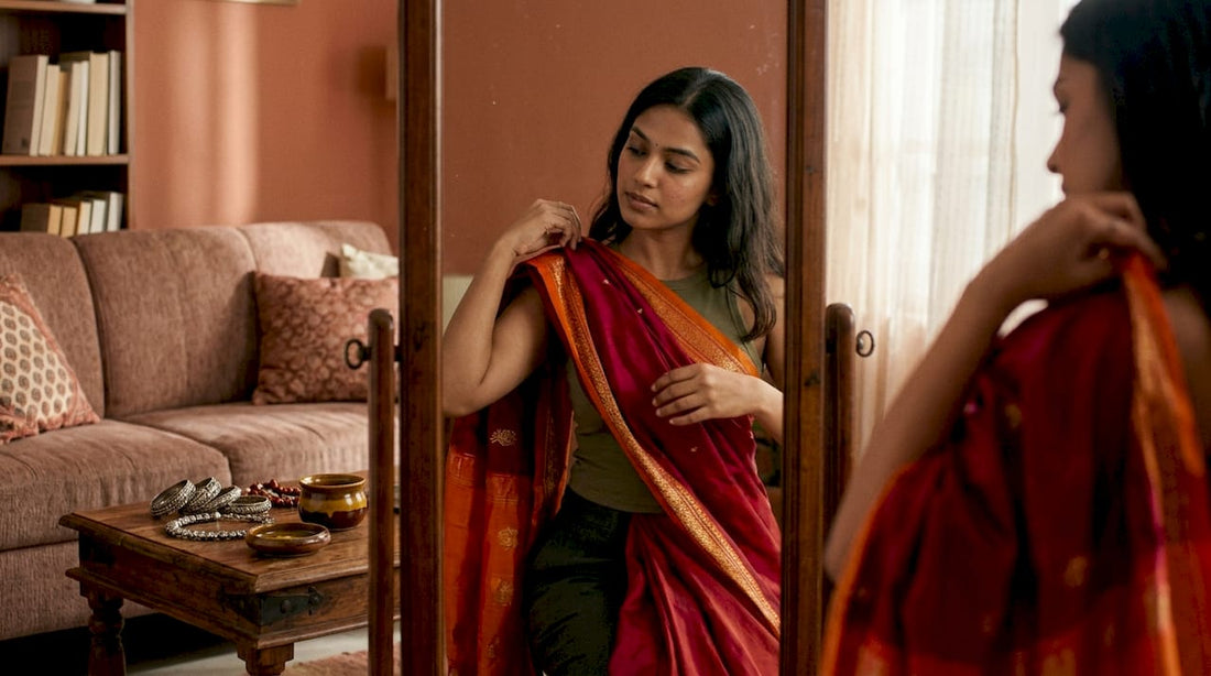 Woman blending cultural clothing with modern outfit