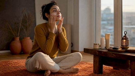 Woman applying winter moisturizing cream indoors