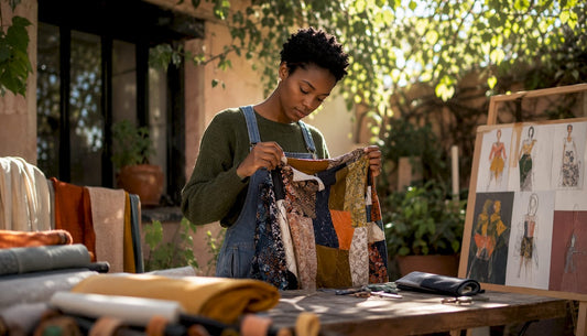 Designer examining patchwork upcycled garment