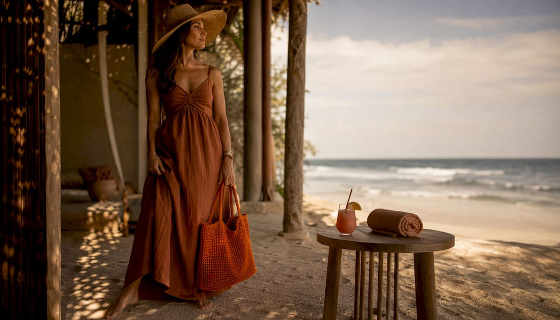 Woman in linen sundress on tropical resort veranda