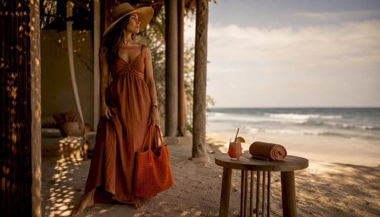 Woman in linen sundress on tropical resort veranda