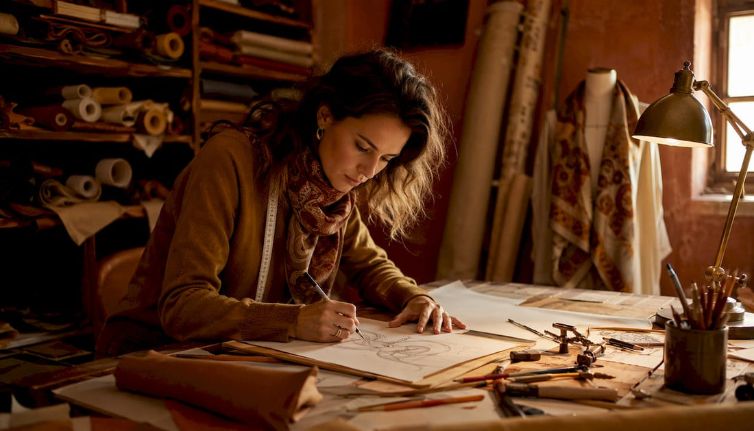 Fashion designer sketching monogram pattern in studio