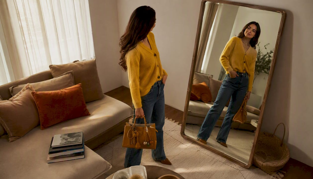 Woman choosing joyful outfit in bright bedroom