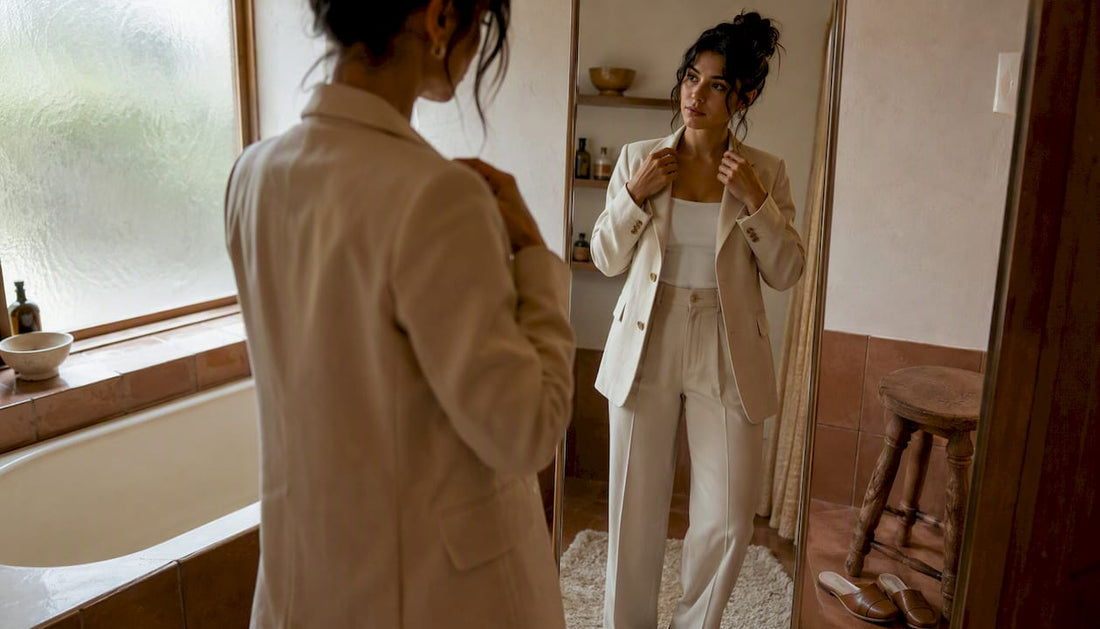 Woman trying on co-ord outfit in bedroom