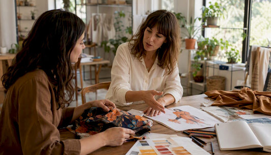 Hands holding fabric and sketches in design studio
