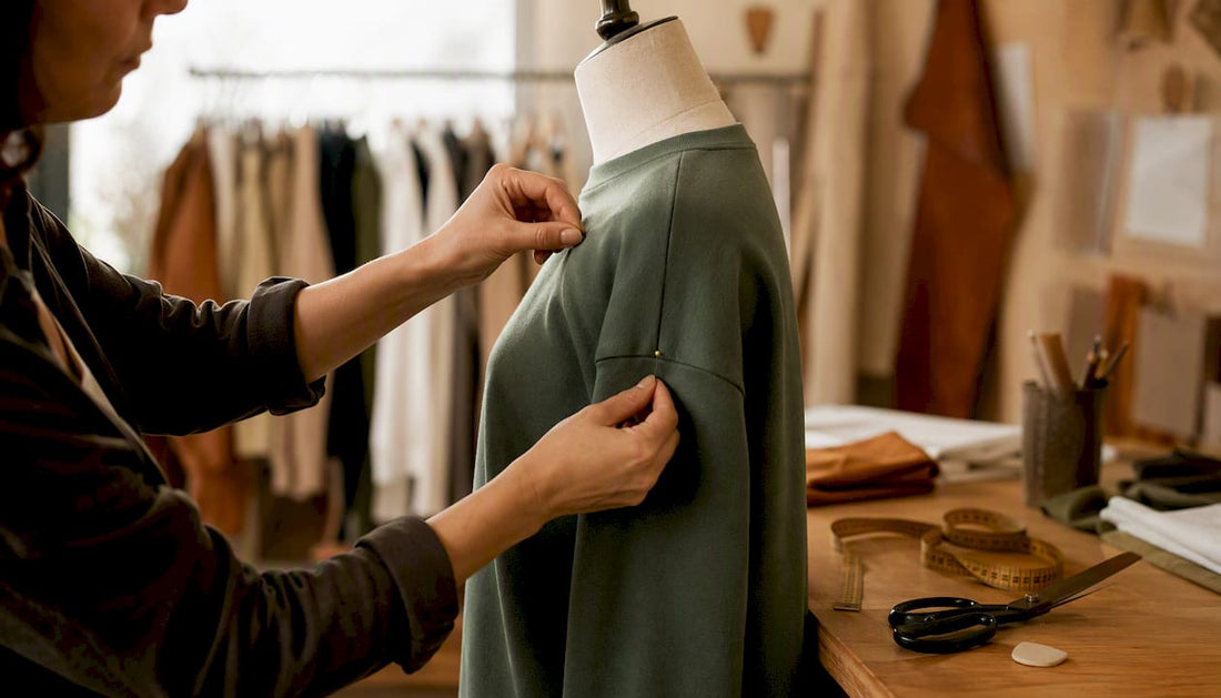 Hands adjusting drop shoulder sleeve on dress form