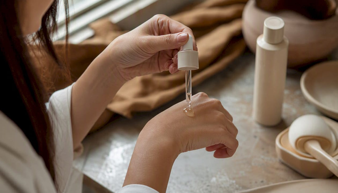 Hands applying skincare serum in beauty studio