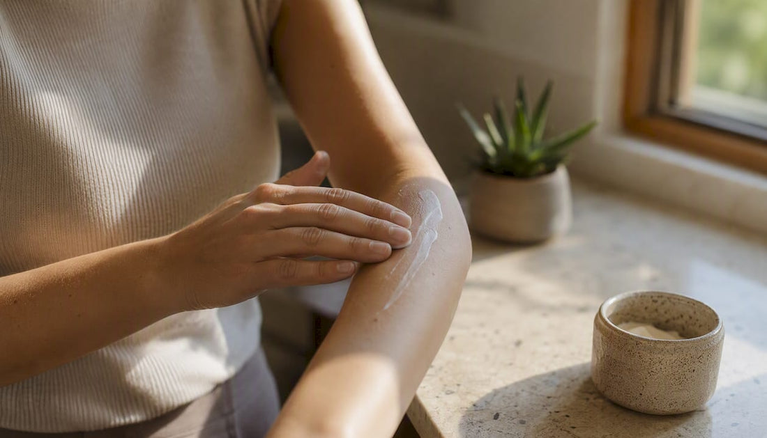 Hands applying moisturizer on forearm