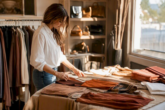 Hands arranging seasonal fashion fabrics on table